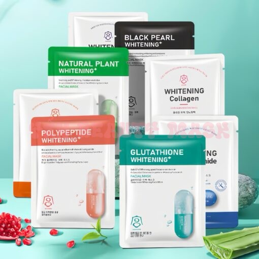 Combo 60 mặt nạ Whitening (mẫu Hàn) giúp dưỡng da cấp ẩm, làm sáng da, mờ thâm cho da mặt và tăng sinh collagen giảm lão hóa có chưa HA, vitamin C, Glutathinone, PolyPeptide, nicotinamide