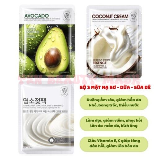 Combo mặt nạ mix Bơ - Dừa - Sữa dê dành cho da khô, da mỏng yếu dễ kích ứng giúp cấp ẩm sâu, sáng da giảm thâm phục hồi làn da hư tổn, Giàu Vitamin E, vitamin C giúp tăng đàn hồi, giảm lão hóa da Skincare Cosmetics Kem mask giấy Face, gel đủ vị