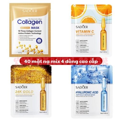 40 mặt nạ mix 4 dòng cao cấp SADOER gồm collagen, Vàng 24k, Vitamin C, HA giúp cấp ẩm mềm mịn da, làm trắng giảm nám sạm và lão hóa da, dùng được cho da bầu, sau nặn mụn lăn kim, Skincare Cosmetics Kem mask giấy Face, gel đủ vị, mặt nạ ngủ